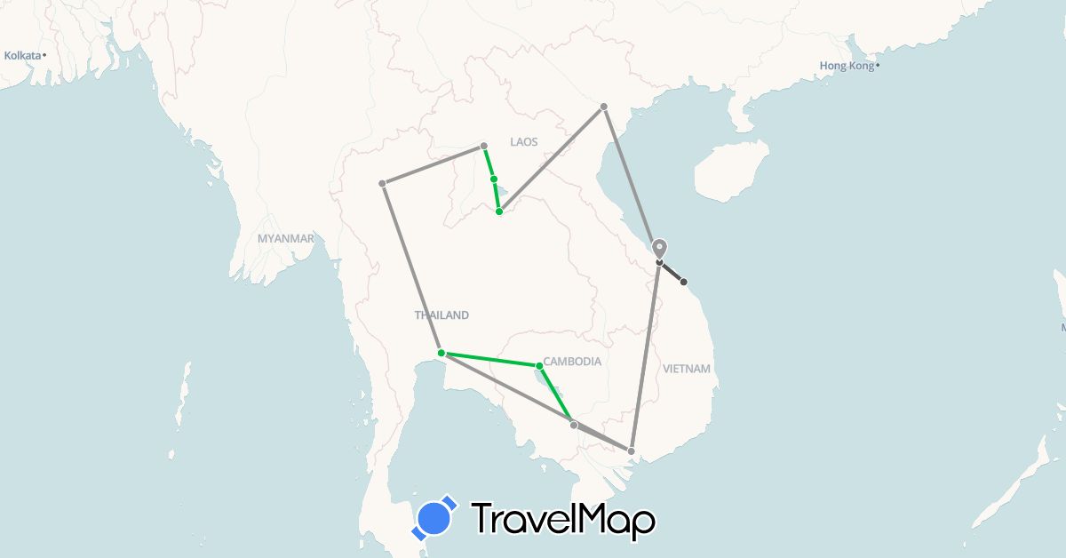 TravelMap itinerary: driving, bus, plane, motorbike in Cambodia, Laos, Thailand, Vietnam (Asia)
